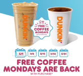 Dunkin' Donuts FREE Medium Coffee (with Purchase) Every Monday in May 2023.png